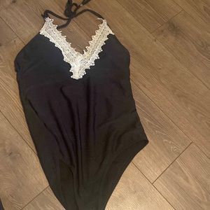 One piece lace black v-neck swim suit
